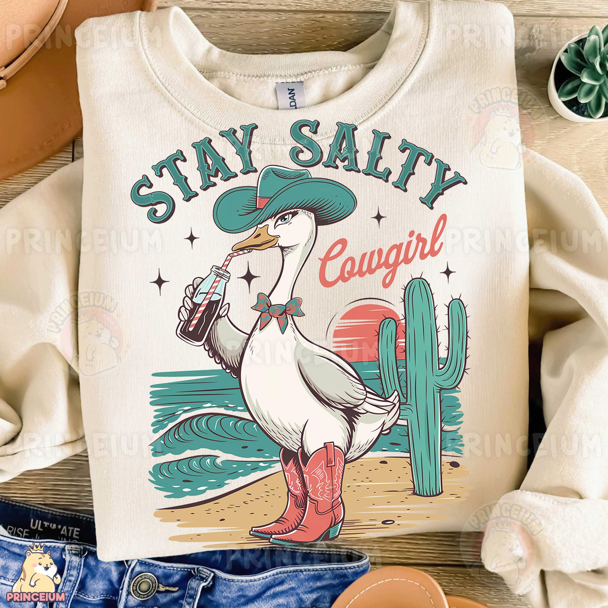 a white shirt with a duck wearing a hat and holding a beer