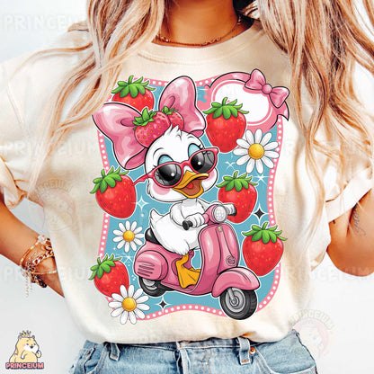 a woman wearing a t - shirt with a cartoon character on it