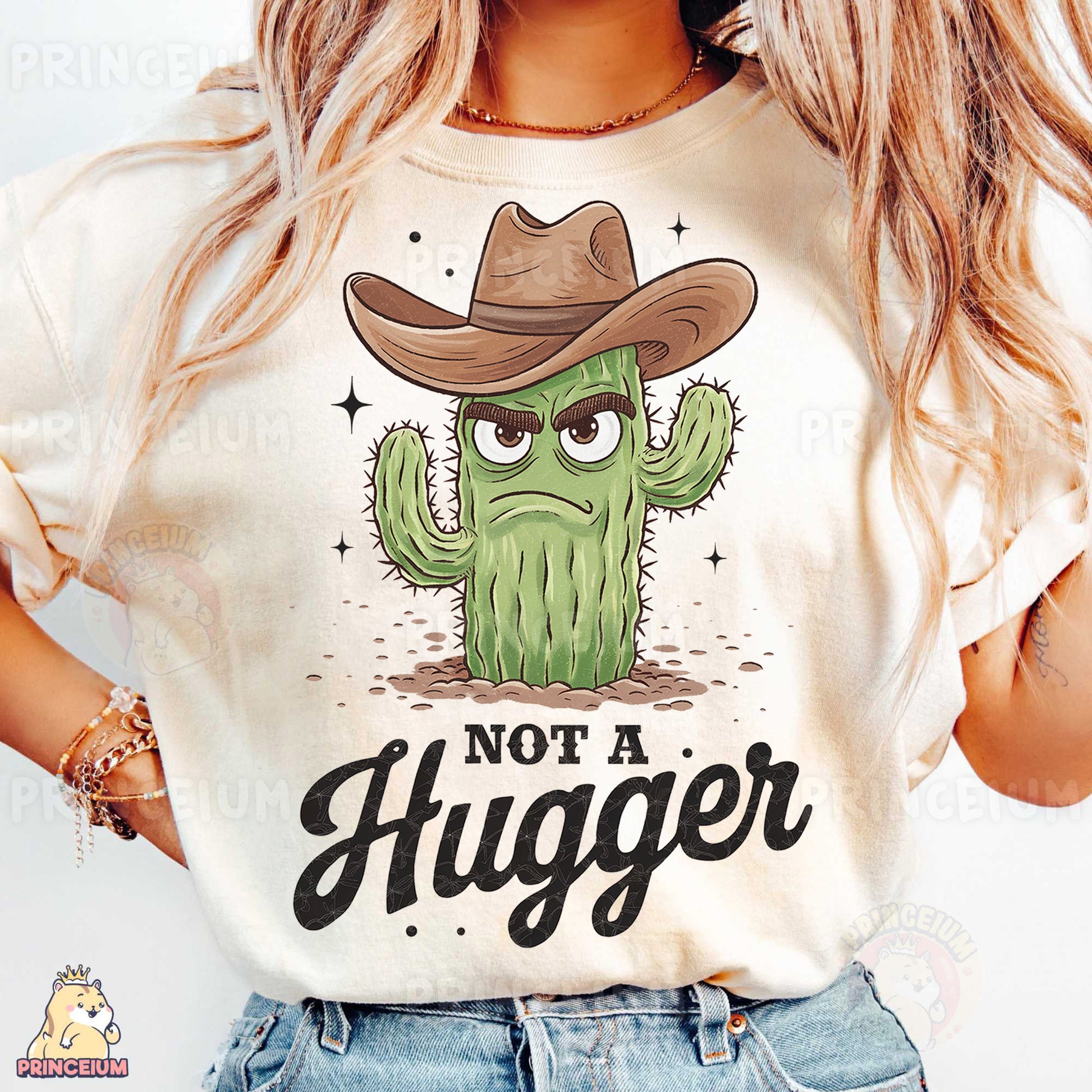 a woman wearing a t - shirt with a cactus wearing a cowboy hat
