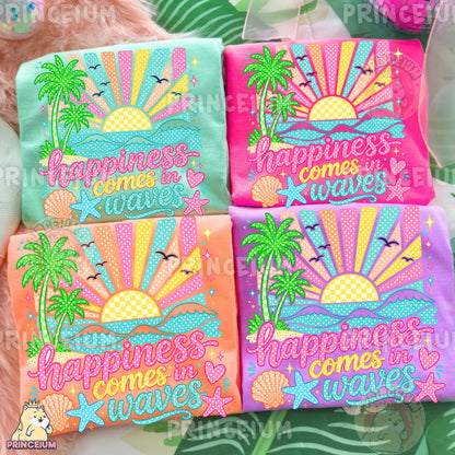Happiness Comes in Waves PNG, Beach Summer Vacation Design, Cute Coastal Sublimation Graphic
