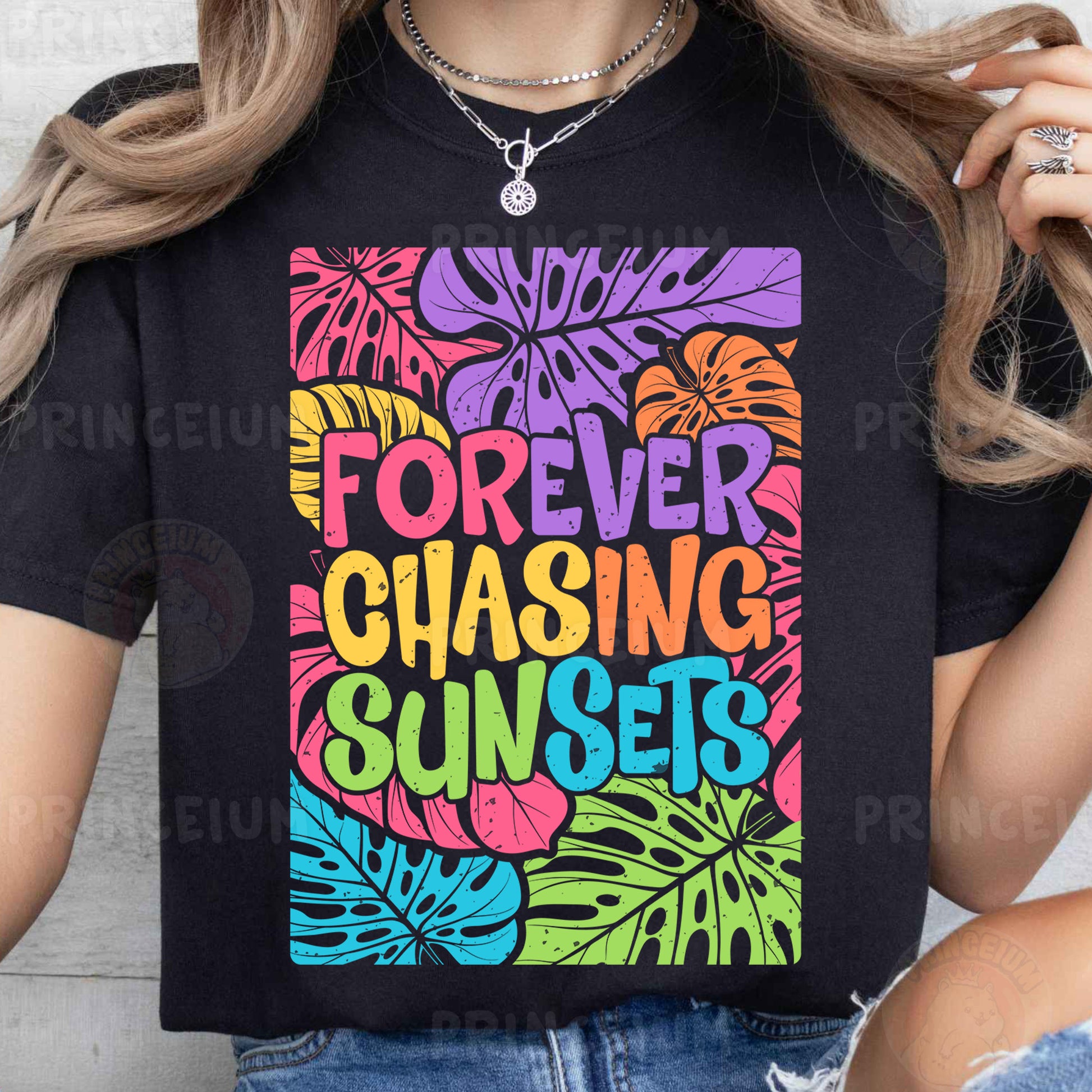a woman wearing a t - shirt that says forever chasing sunflowers