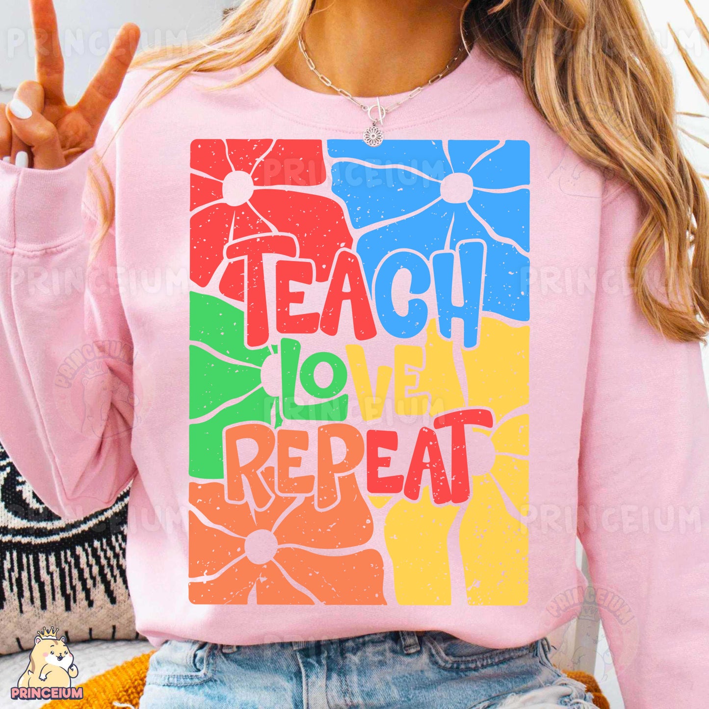 a woman wearing a pink shirt with a peace sign on it