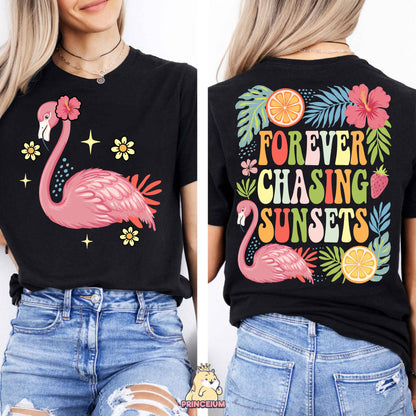 a woman wearing a t - shirt that says forever chasing sunsets