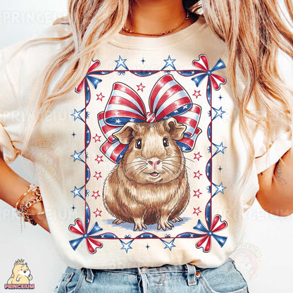 a woman wearing a t - shirt with a picture of a hamster on it