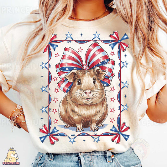 a woman wearing a t - shirt with a picture of a hamster on it