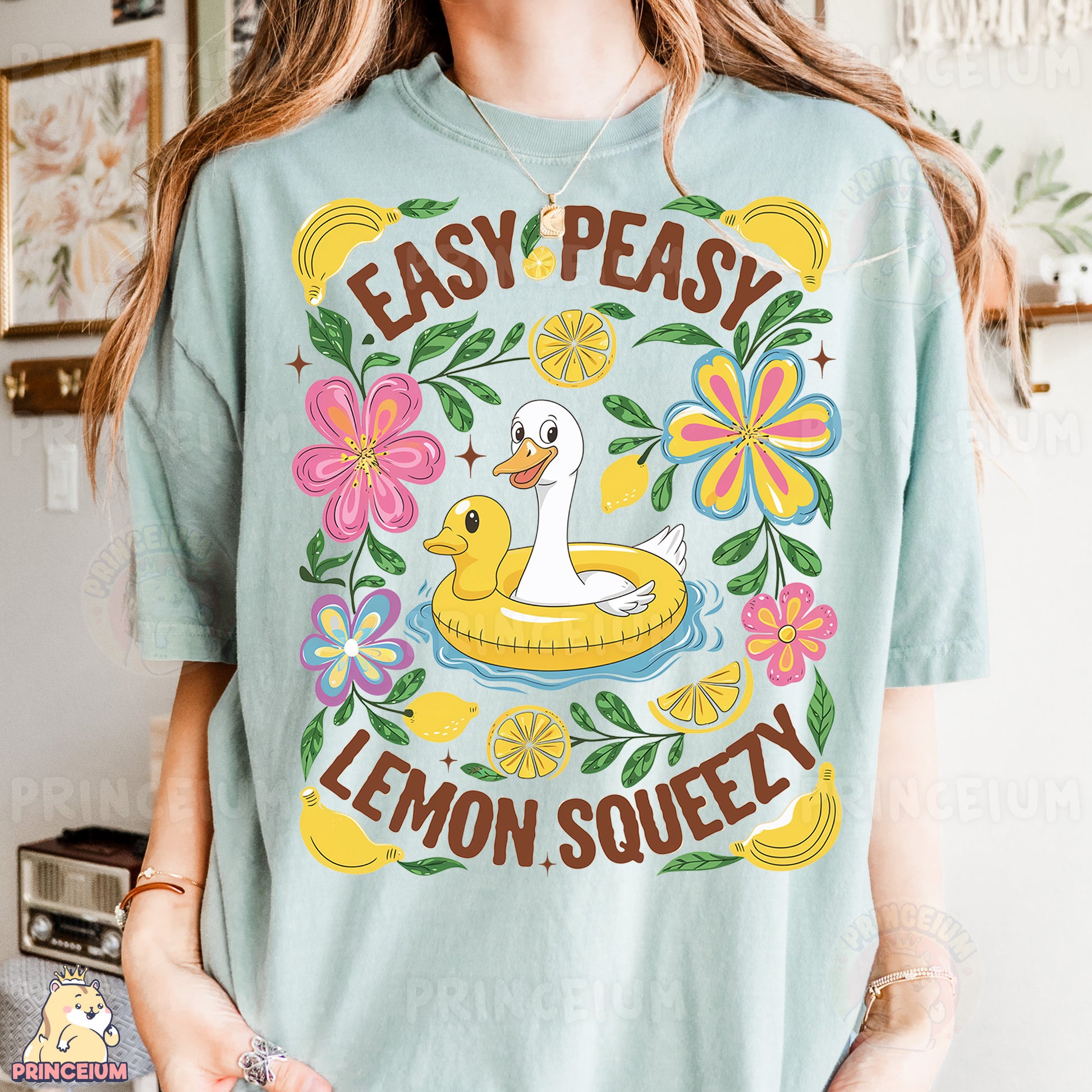 a woman wearing a t - shirt that says easy peasy lemon squeezey