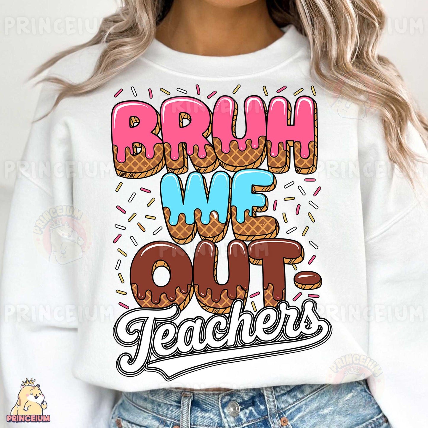 a woman wearing a sweatshirt that says, brown me out teachers