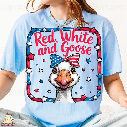 a woman wearing a red, white and goose t - shirt