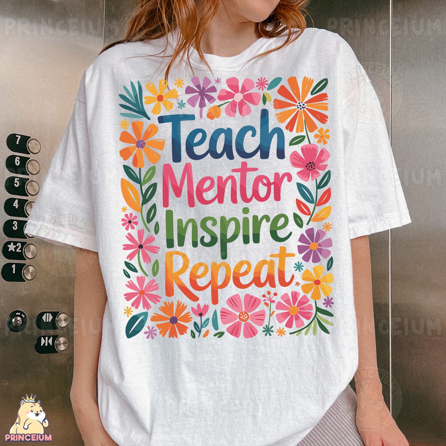 a woman wearing a t - shirt that says teach mentor inspire repeat