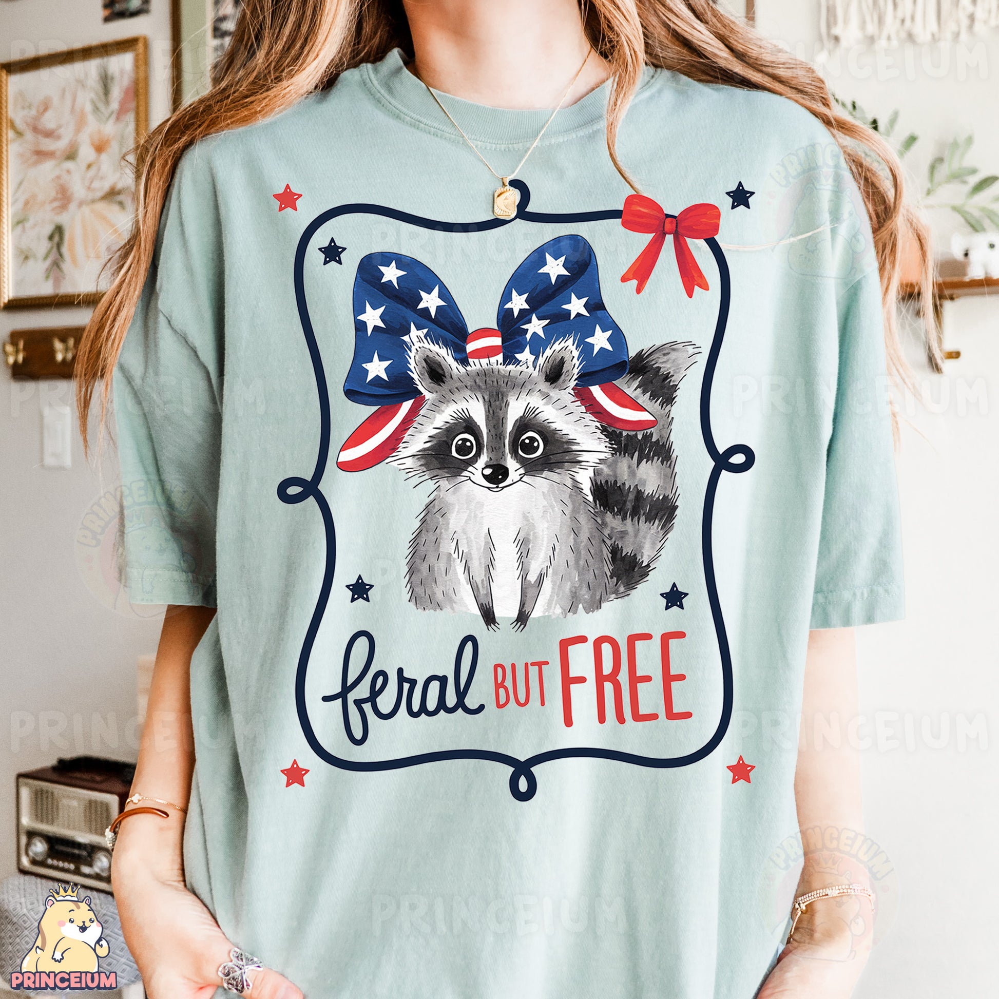 a woman wearing a t - shirt with a raccoon on it