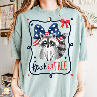 a woman wearing a t - shirt with a raccoon on it
