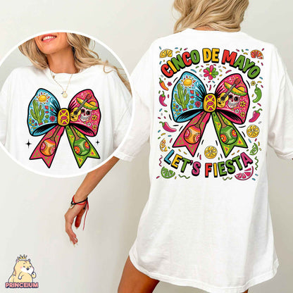 a woman wearing a white shirt with a colorful bow