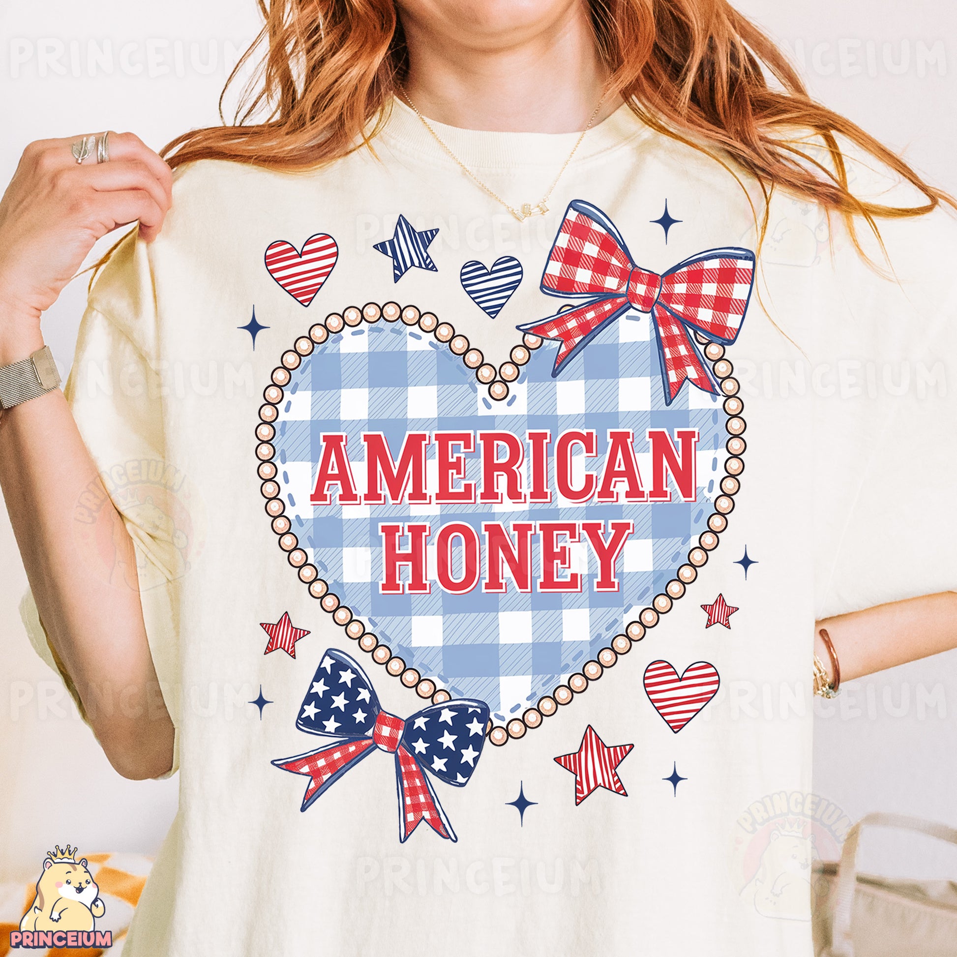 a woman wearing an american honey t - shirt