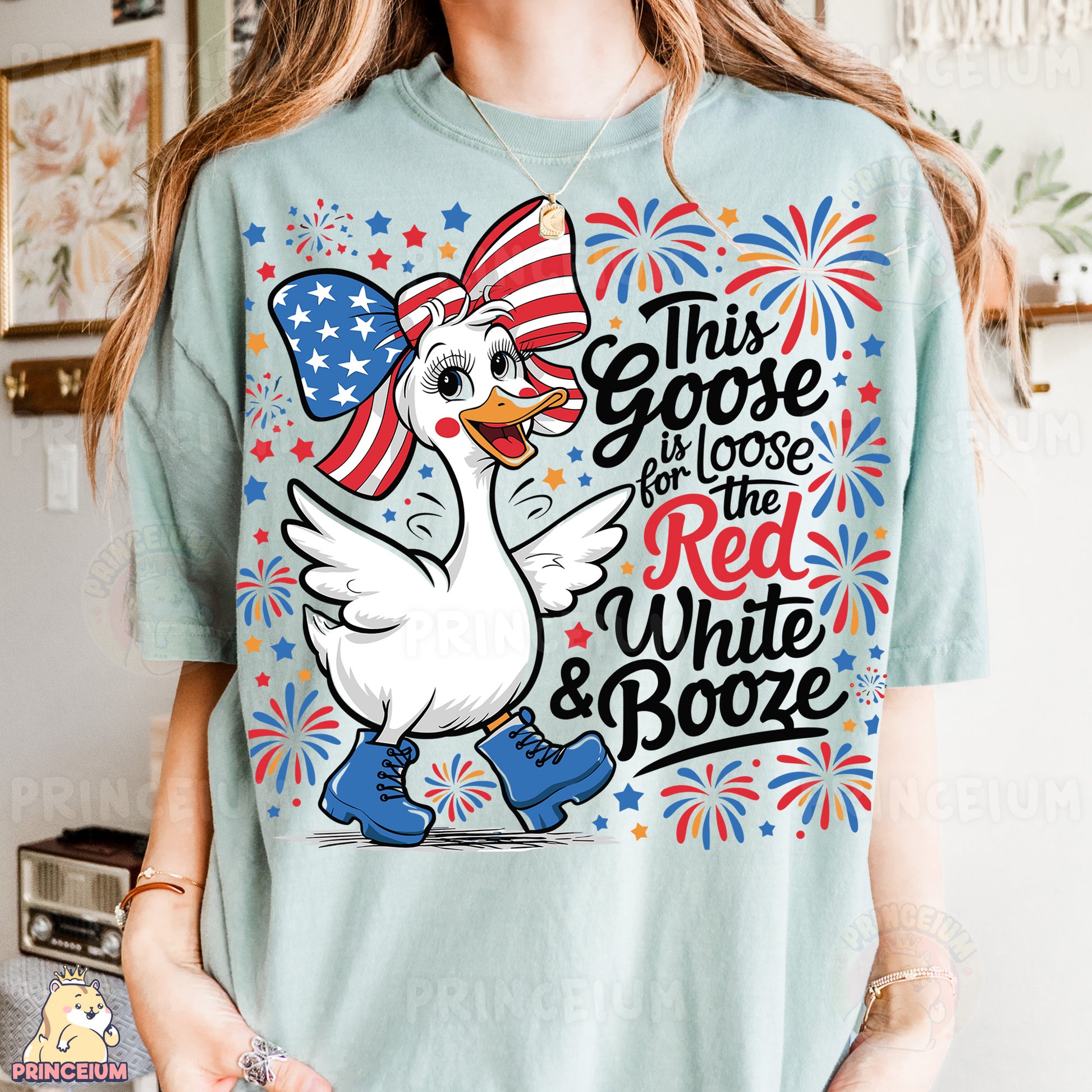 a woman wearing a t - shirt with an american flag on it