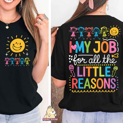 a woman wearing a t - shirt that says, my job for all the little