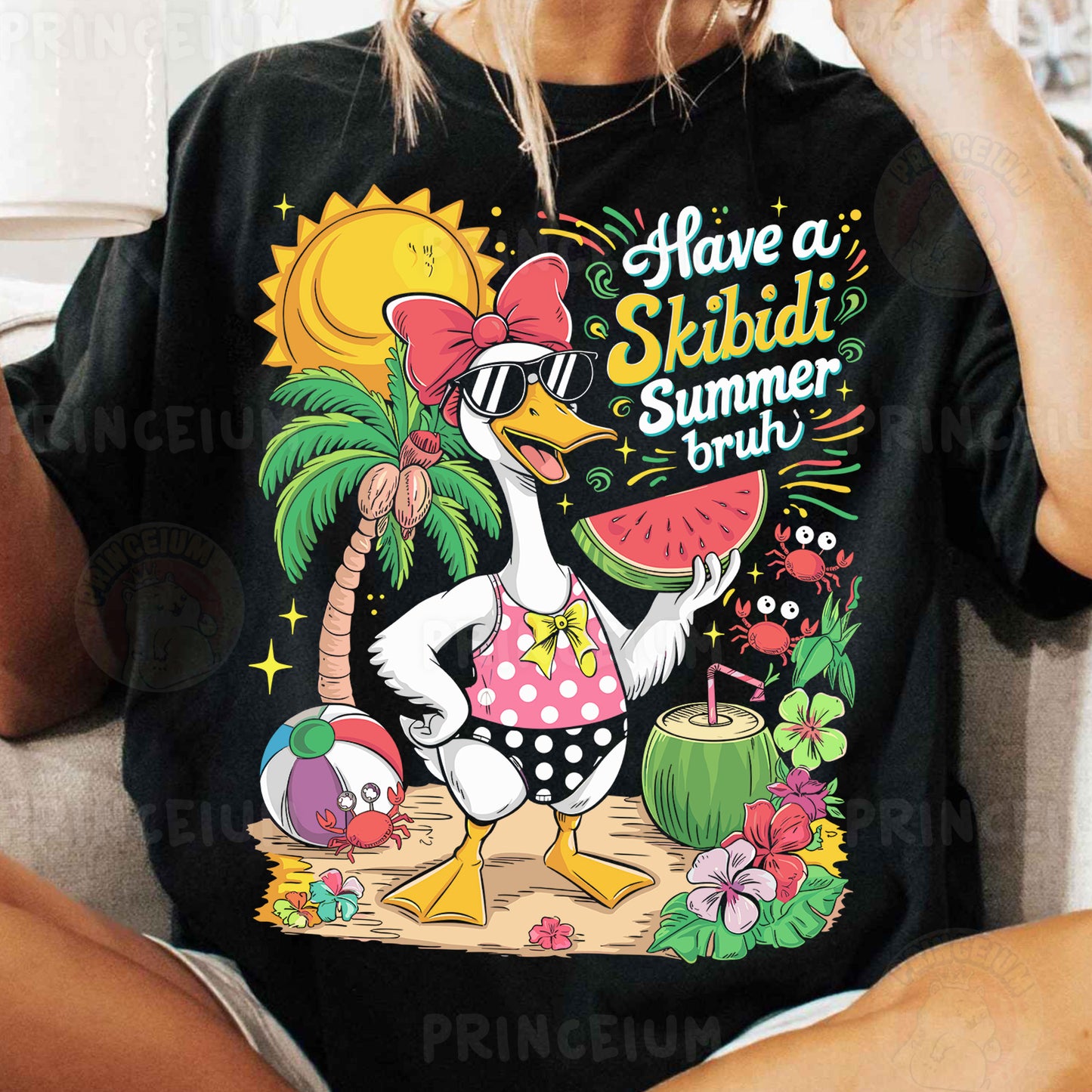 a woman sitting on a couch wearing a black shirt