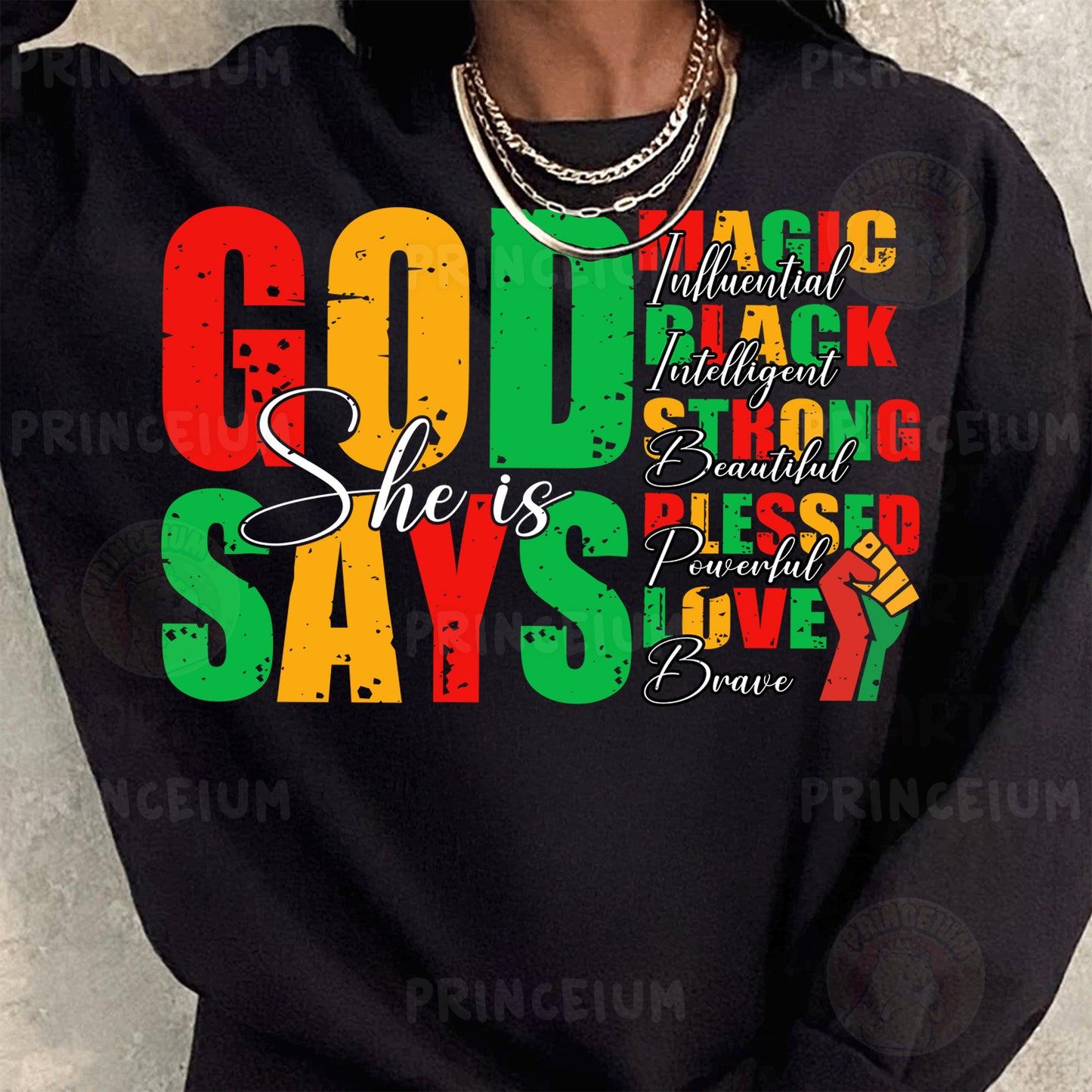 a woman wearing a black sweatshirt with the words god says on it