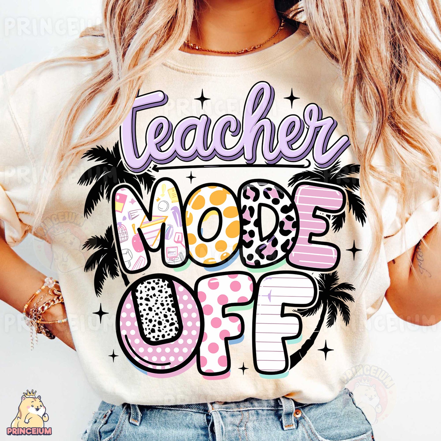 a woman wearing a t - shirt that says teacher mode off