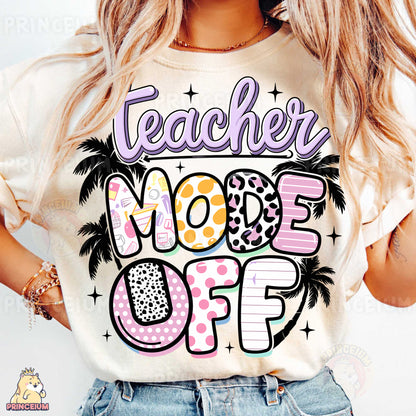 a woman wearing a t - shirt that says teacher mode off