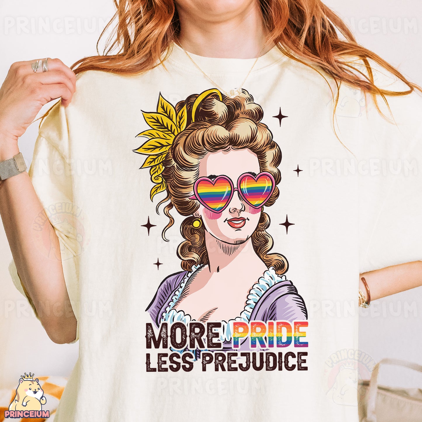 a woman wearing a t - shirt with a picture of a woman wearing sun glasses