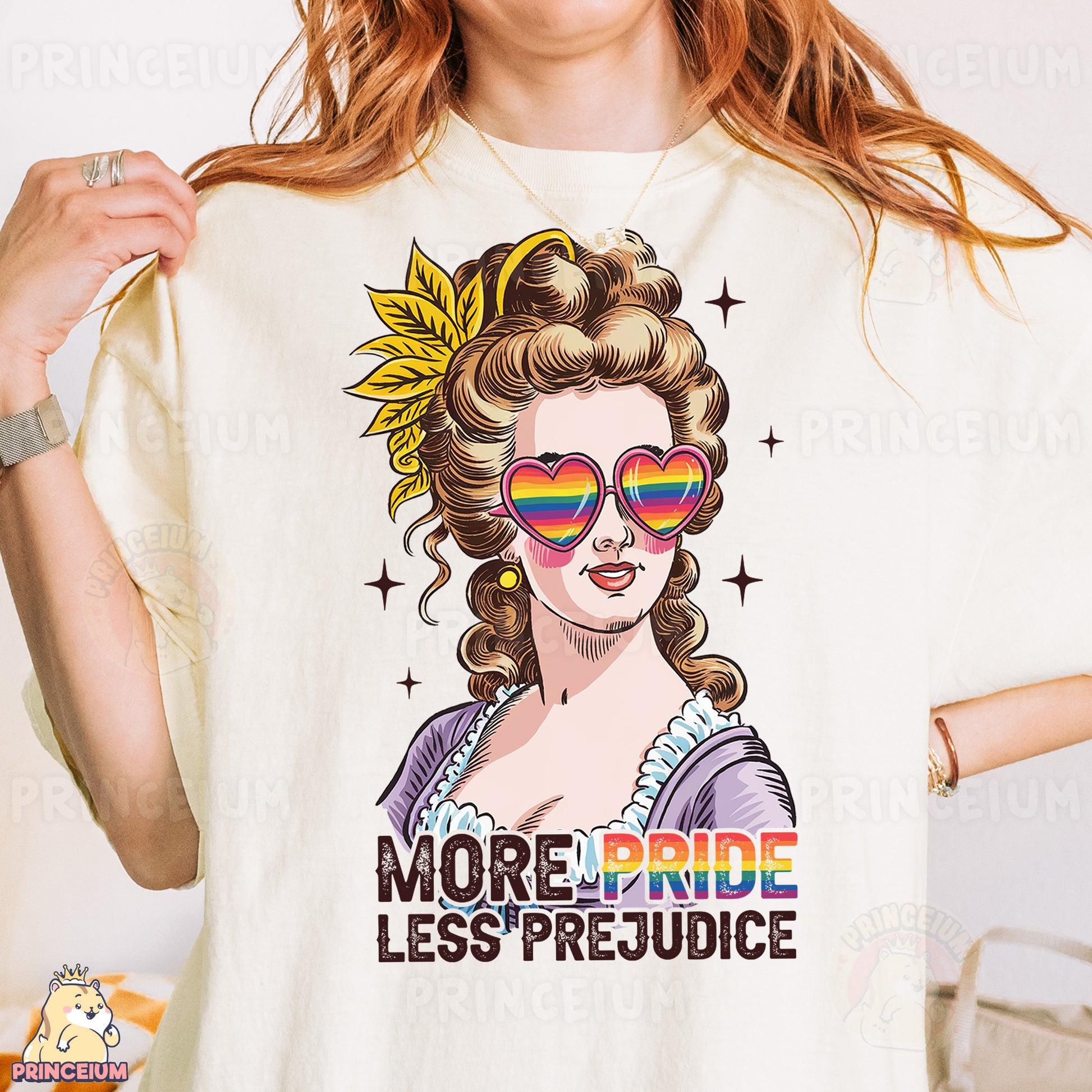 a woman wearing a t - shirt with a picture of a woman wearing sun glasses