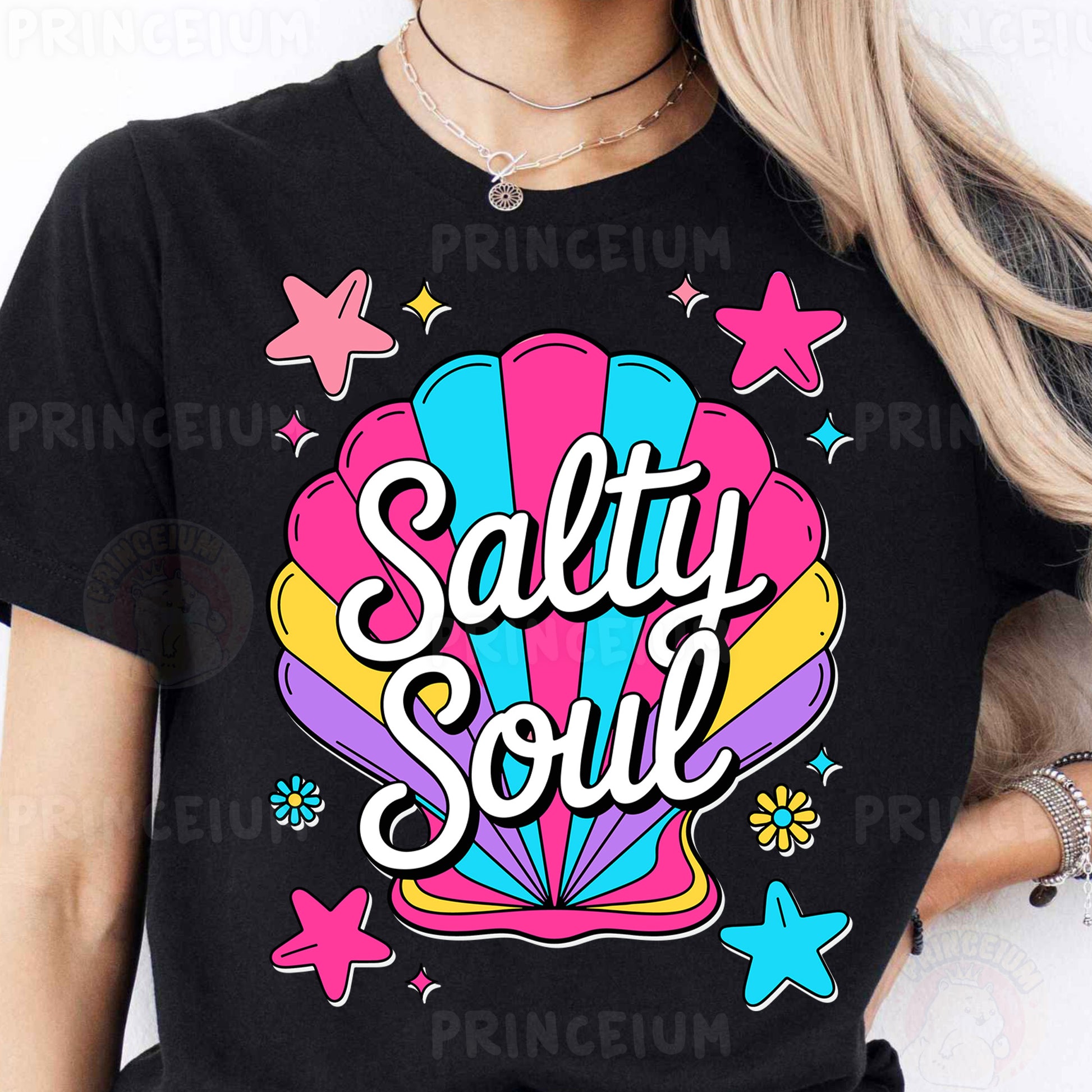 a woman wearing a t - shirt that says salty soul