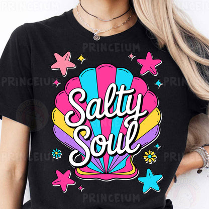 a woman wearing a t - shirt that says salty soul