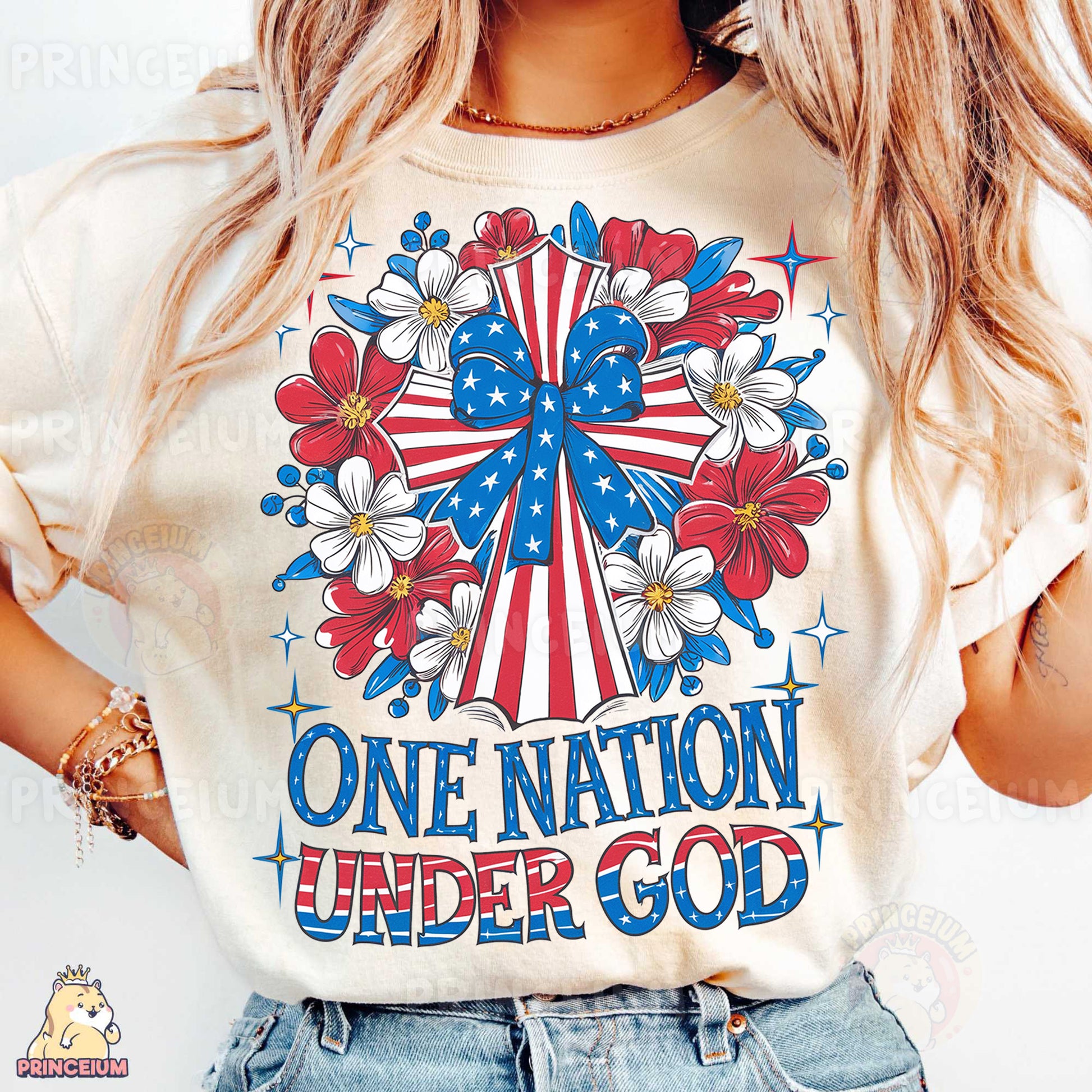 a woman wearing a one nation under god t - shirt