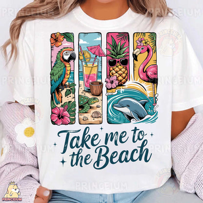 a woman wearing a t - shirt that says take me to the beach