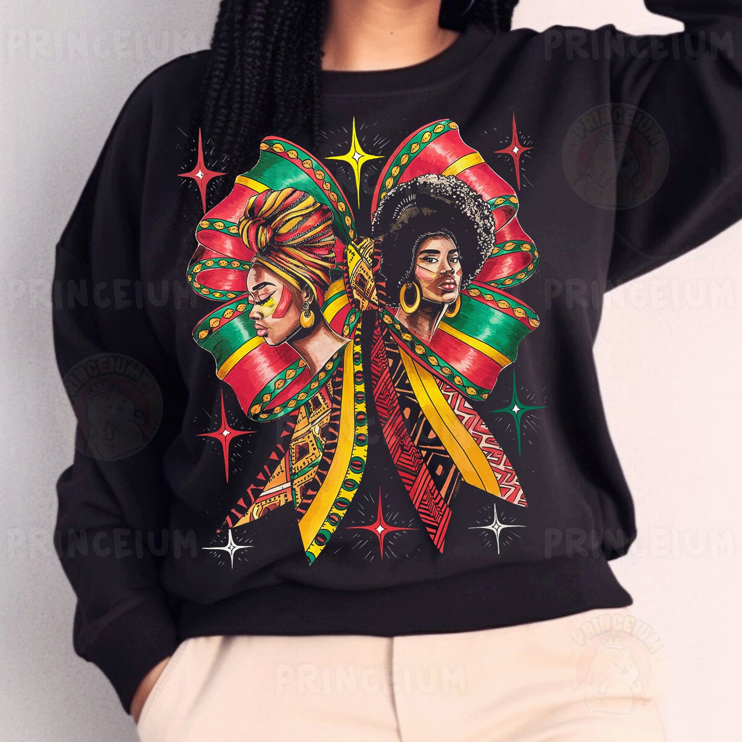 a woman wearing a black sweatshirt with a picture of two women on it