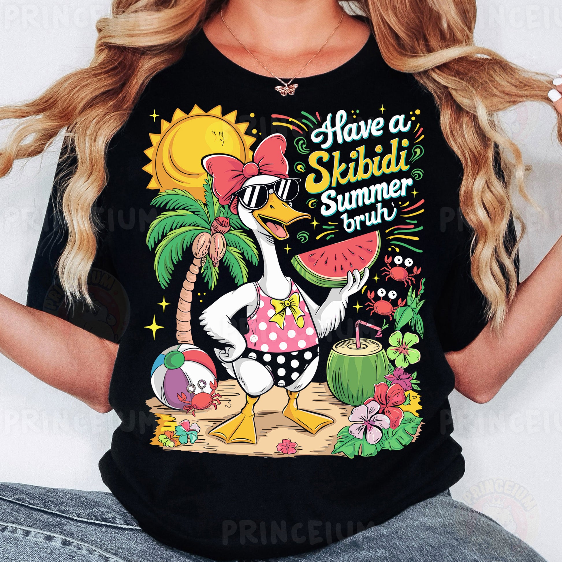 a woman wearing a black shirt with an image of a duck and watermelon