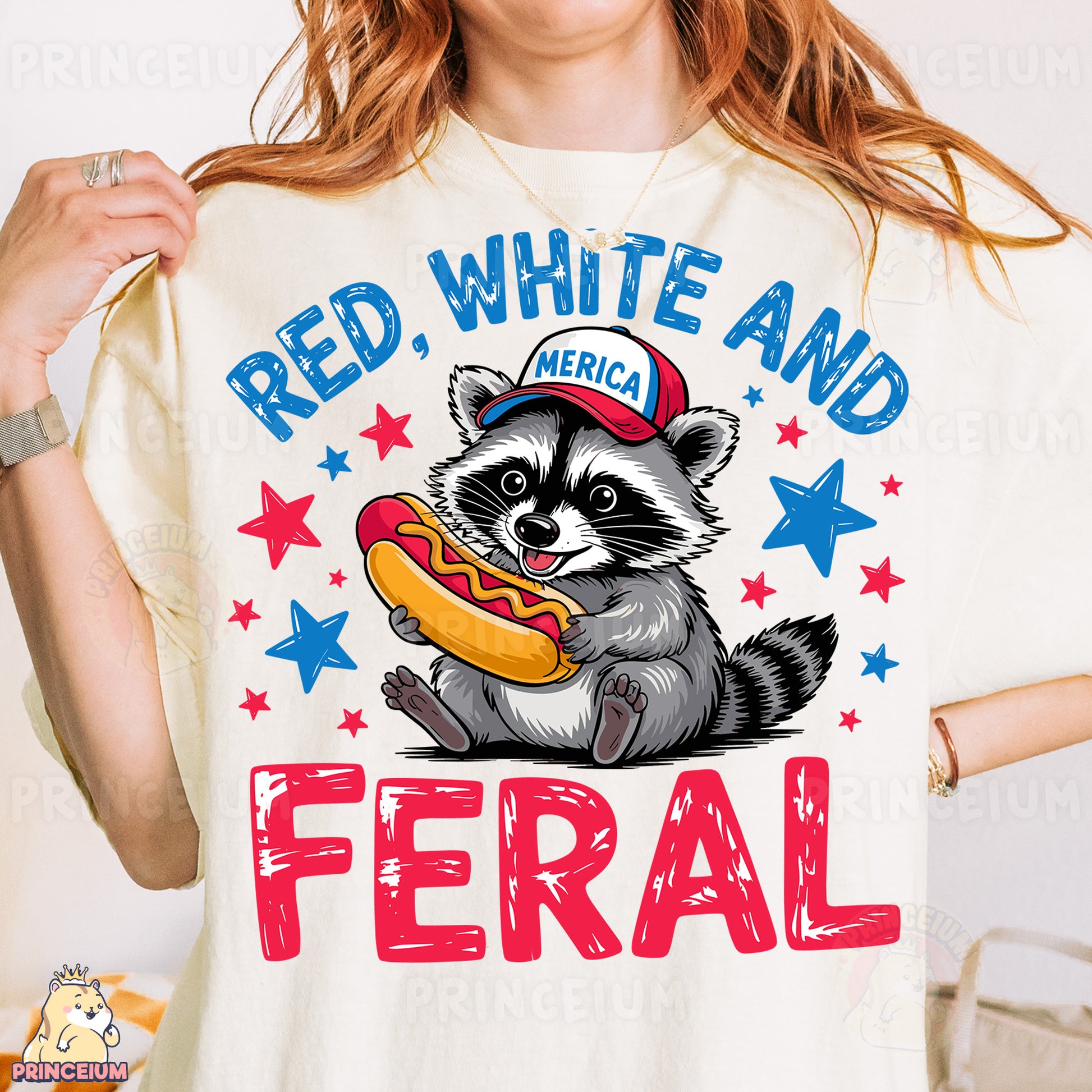 a woman wearing a red, white and blue shirt with a raccoon eating
