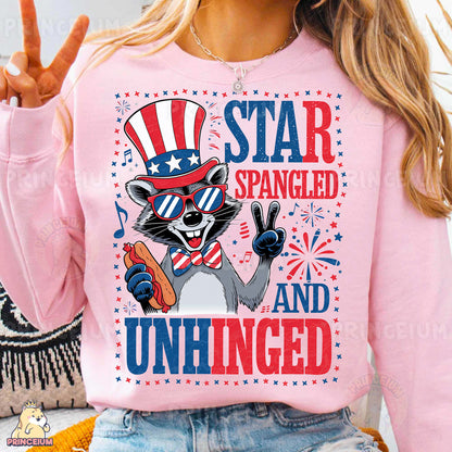 a woman wearing a pink shirt with a raccoon wearing an american flag hat