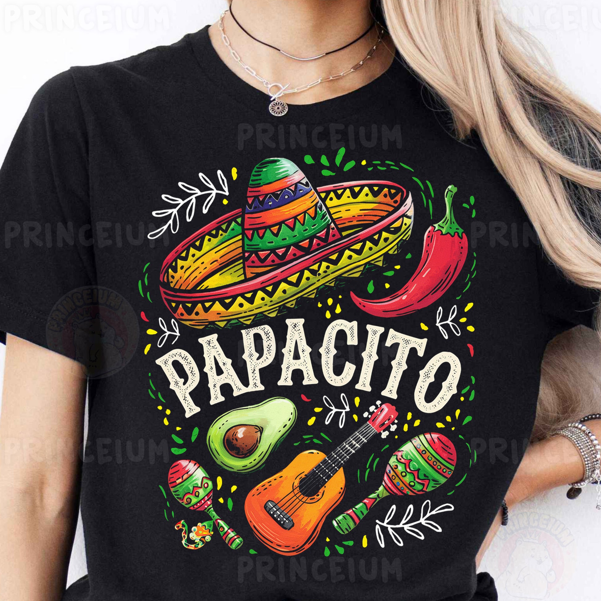 a woman wearing a black t - shirt with a mexican design