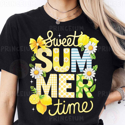 a woman wearing a black shirt that says sweet summer time