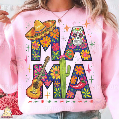 a woman wearing a pink sweatshirt with a mexican design