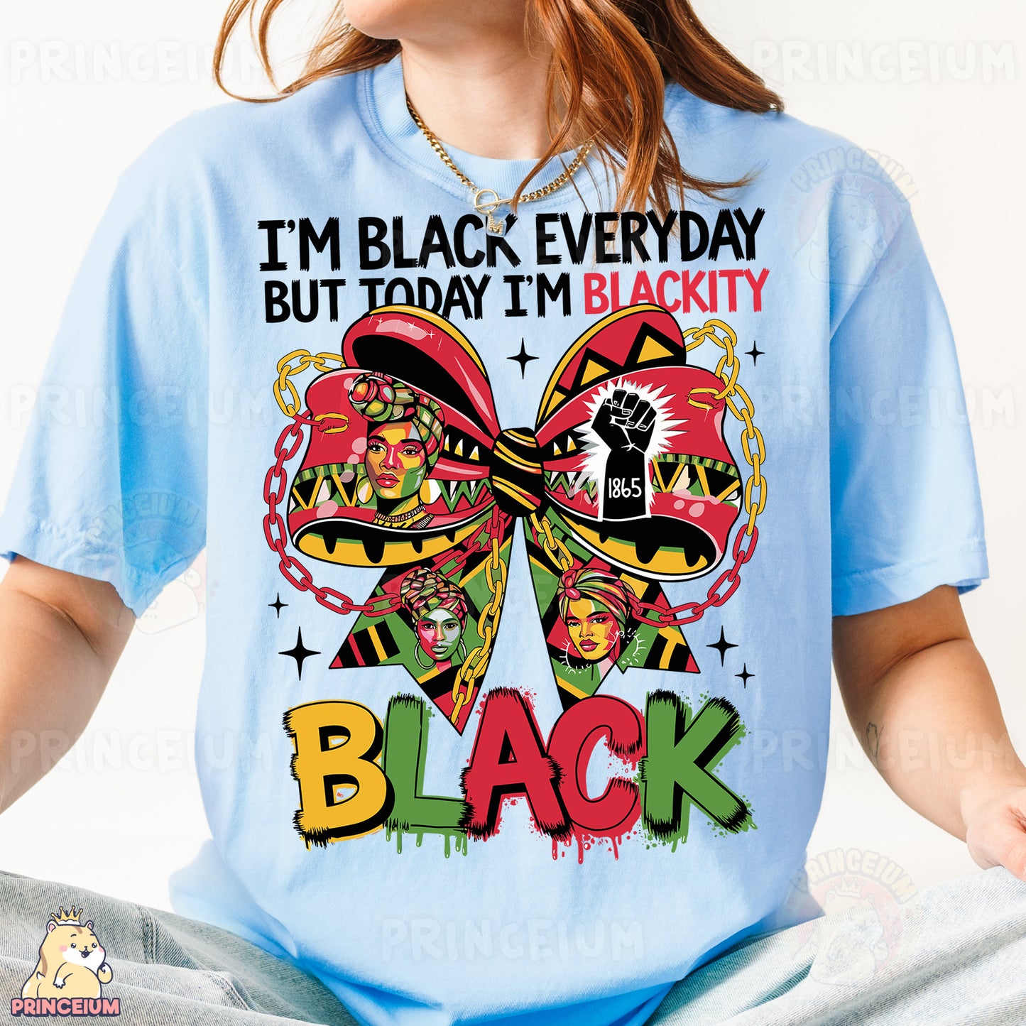a woman wearing a t - shirt that says i'm black everyday but today