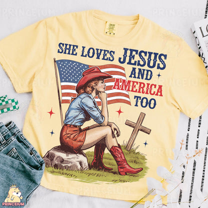 a t - shirt that says she loves jesus and america too