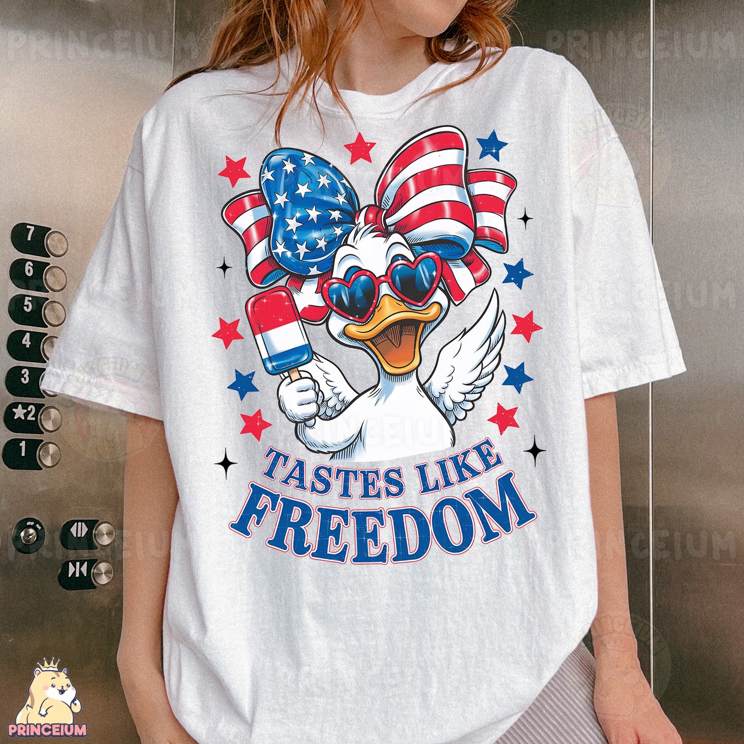 a woman wearing a t - shirt with a duck wearing sunglasses and an american flag