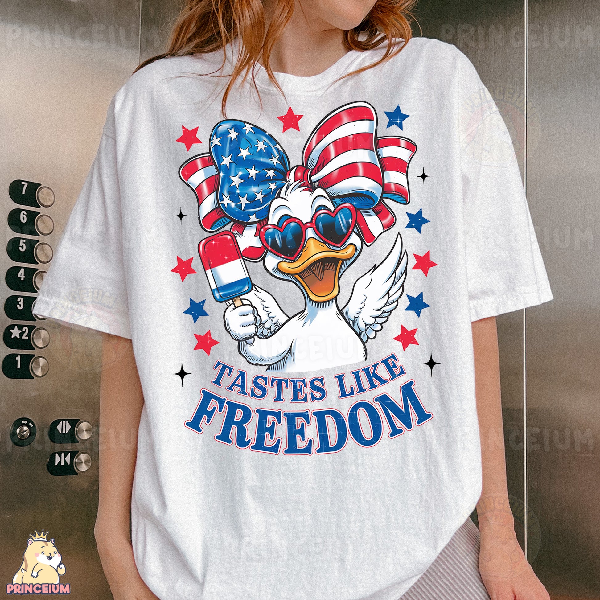 a woman wearing a t - shirt with a duck wearing sunglasses and an american flag
