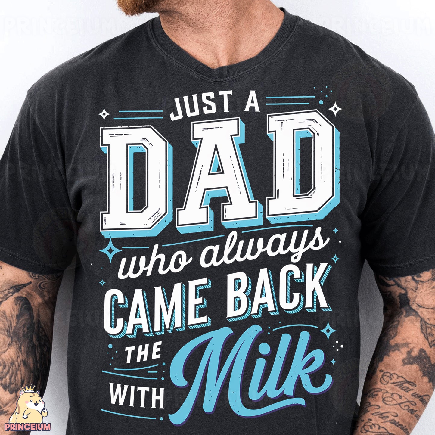 a man with a beard wearing a t - shirt that says just a dad who