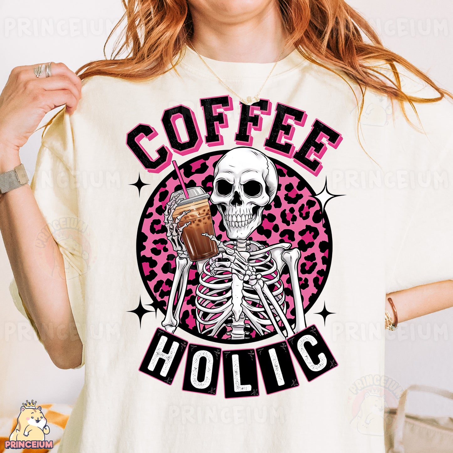 a woman wearing a coffee holic t - shirt
