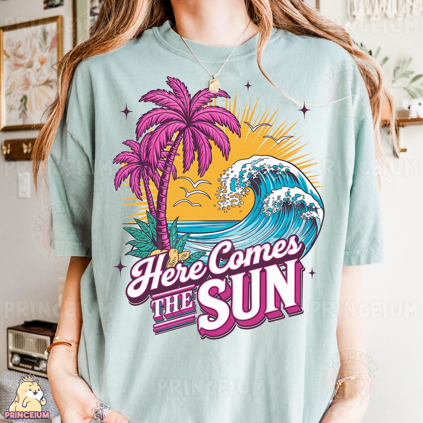 a woman wearing a t - shirt that says here comes the sun