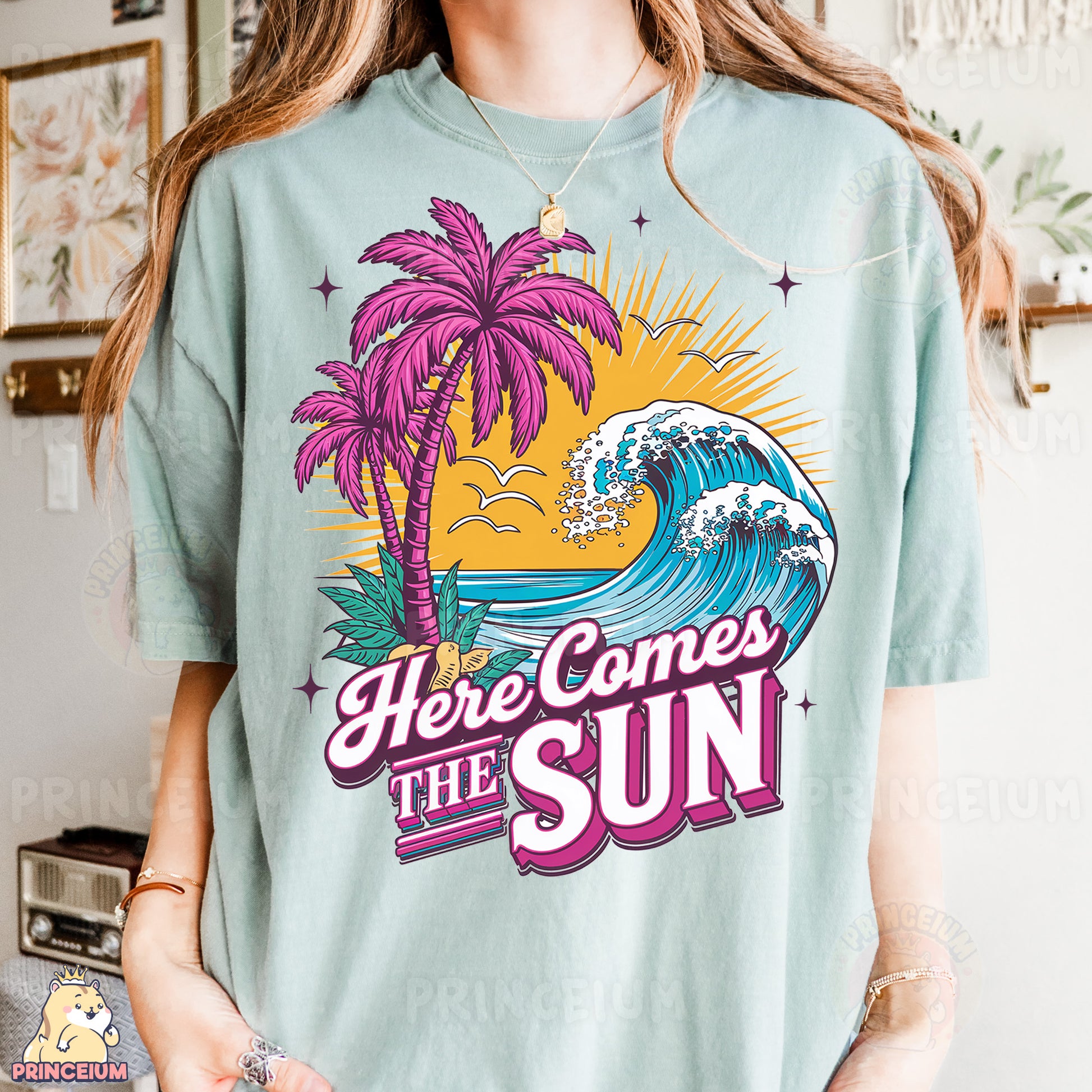 a woman wearing a t - shirt that says here comes the sun