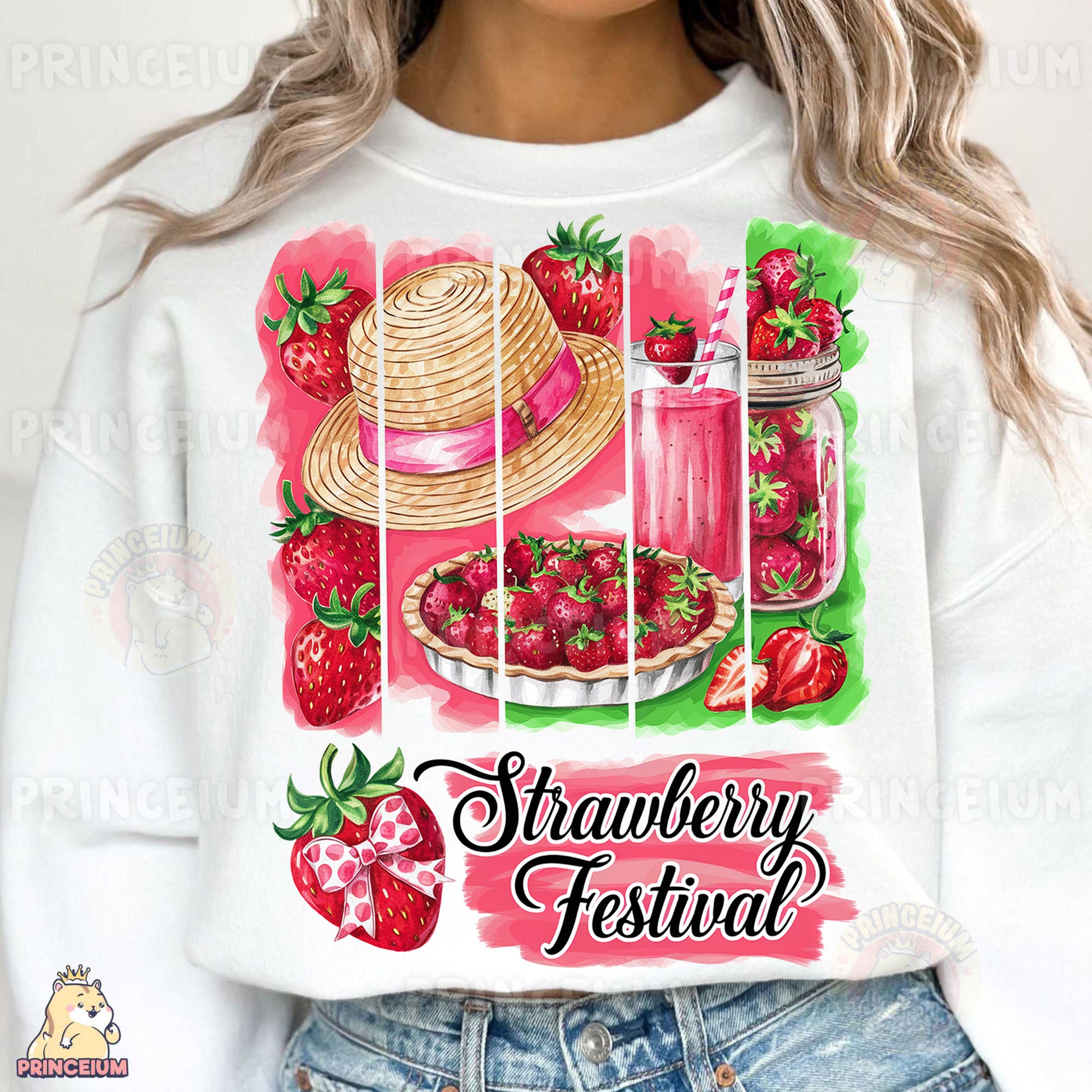 a woman wearing a strawberry festival shirt