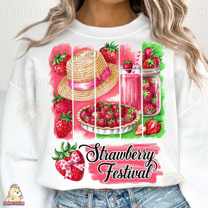 a woman wearing a strawberry festival shirt