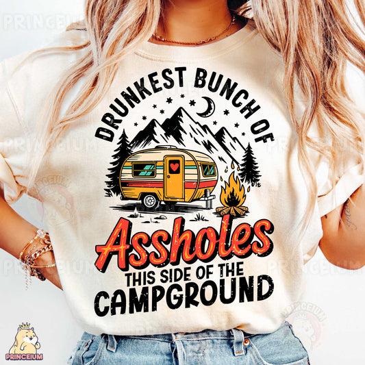 a woman wearing a t - shirt with a camper on it