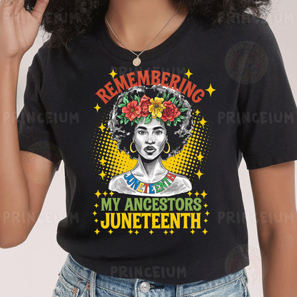 a woman wearing a black t - shirt with an image of a woman with flowers