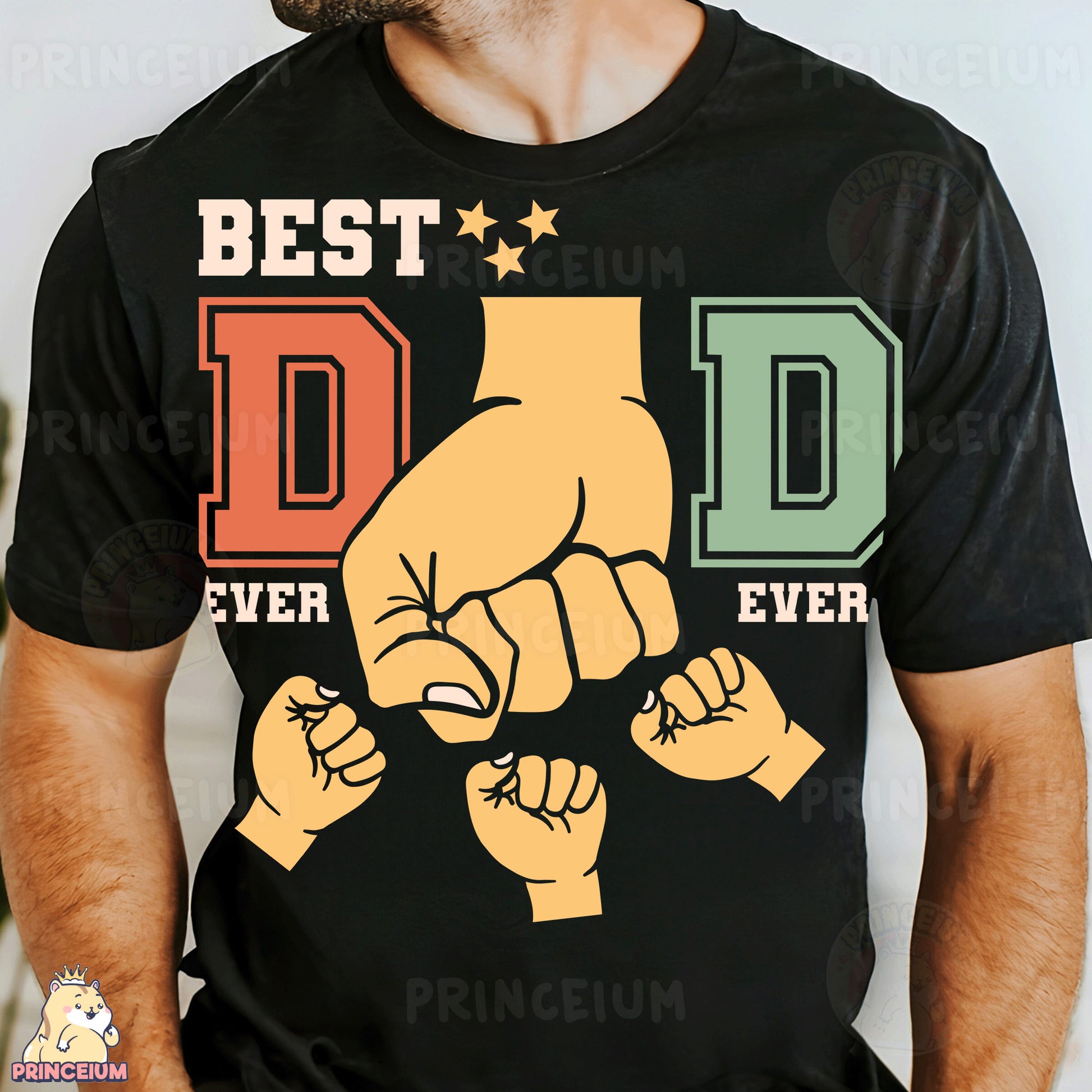 a man wearing a black t - shirt with the words best dad ever printed on