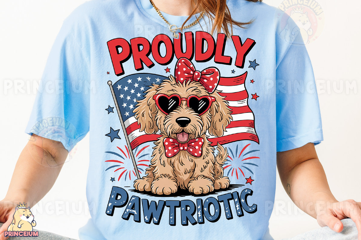 a woman wearing a t - shirt with a dog wearing sunglasses and a bow tie